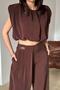 Women's Brown Blouse Pants Set Modal Crop Blouse High Waist Wide Leg Pants Two Piece Set - 3