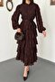 Women's Brown Long Dress with High Collar, Buttoned Belt, Flounces and Floral Texture - 4