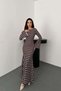Women's Brown Polka Dot Long Dress Round Neck Flounce Sleeves Fitted Maxi - 2