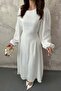 Women's White Long Sleeve Gathered Balloon Sleeve Round Neck Maxi Dress - 4