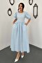 Women's Blue Back Tie Detailed Balloon Sleeve Pocketed Drawstring Midi Dress