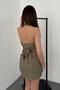 Women's Khaki Vest and Skirt Set Striped V-Neck Buttoned Fitted Vest and Mini Skirt Set - 5