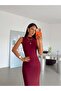 Tulle Detail Zero Sleeve Dress - Burgundy - 4