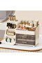 Large Cream Makeup Organizer for Vanity Countertop, Skincare & Perfume Display Rack with Drawers & Brush Holder