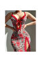 Leopard Patterned Red Lace Slit Long Dress with Floral Detail