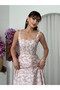 Women's Pink Midi Dress Square Neck Strappy Floral Patterned Flared Poplin Dress - 4