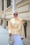 Women's Collar Ribbon Tie Asymmetrical Cut Blouse Yellow