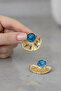 Yellow Tone Fan Design Blue Enamel Detailed Bijouterie Earrings - 4
