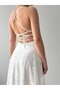 Women's Ecru Strappy Back Tie Square Neck Lace Long Evening Dress - 3