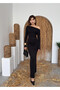 Women's Black Midi Dress Asymmetrical Collar Long Sleeve Draped Slim Fit - 4