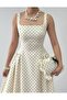 Women's Ecru Polka Dot Strappy Square Neck Fitted Waist Midi Dress - 8