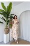 Women's Beige Floral Patterned Lace-Up Balloon Sleeve Heart Collar Midi Dress - 4