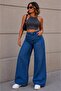 44-52 Size Stretchy Lycra Wide Leg Jeans with Spaced Stones - 3