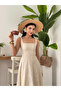Women's Beige Midi Dress with Square Collar, Straps, Floral Texture, Flared Cut
