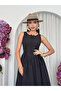 Women's Black Midi Dress Lace-Up Gathered Buttoned Sleeveless Poplin - 7