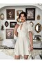 Women's Ecru Mini Polka Dot High Neck Low-Cut Balloon Sleeve Flared Satin Dress - 6
