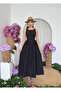 Women's Black Midi Dress Lace-Up Gathered Buttoned Sleeveless Poplin - 6