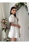 Women's White Mini Dress with Scallop Embroidery, Balloon Sleeves, Ribbon Detail, Square Collar - 6