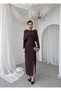 Women's Brown Midi Dress with Crew Neck, Bow Detail on the Shoulder and Slit - 7