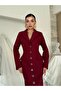 Women's Burgundy Long Cashmere Jacket with Collar, Buttons, Pockets, and Flared Cut - 3