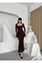 Women's Coffee Midi Dress Square Neck Long Lace Sleeve Draped Evening Dress - 6