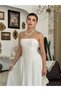 Women's Ecru Strapless Midi Dress with Gathered Waist Detail Chiffon Atlas Evening Dress - 5