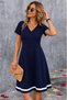 Women's Short Sleeve V-Neck Midi Janjan Crepe Dress with Striped Hem - 2