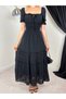 Women's Black Maxi Square Neck Lace-Up Balloon Sleeve Ruffled Lace Detailed Flared Dress - 4
