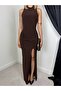 Women's Coffee Color Maxi High Neck Sleeveless Draped Slit Bodycon Dress - 3