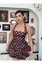 Women's Brown Mini Dress Polka Dot Halter Neck Gathered Balloon Skirt Satin - 8