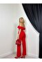 Women's Red Blouse Trousers Set Carmen Collar Buttoned Pocket Flap Wide Leg - 4