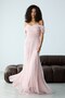 Powder Strapless Boat Neck Long Flared Lace Evening Dress - 2