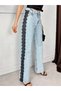 Women's Blue High Waist Lace Ribbon Detailed Denim Straight Leg Long Trousers - 4