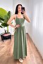 Women's Khaki Thick Strap Square Neck Button Detailed Gathered Long Dress - 2