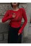 Lycra Tulle and Stone Long Sleeve Blouse Red - 4
