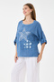 Blue Italian 100% Linen Star and Flower Pattern Patched Foldable Sleeve Oversize Linen Blouse 38 - 44 Size - 2