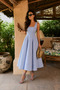 Blue and White Gingham Square Collar Princess Stitched Flared Maxi Dress - 5