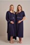 Women's Navy Blue Ribbed Buttoned Maternity Nightgown Set - 2