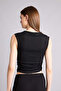 H8059Axbk81 Black Slim Fit Crew Neck Wrinkled Textured Blouse - 5