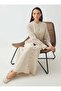 Straw Belt Detailed Full-Length Buttoned Hijab Dress - Beige Striped
