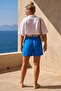 Blue Pocketed Pleated Belted Elastic Waist Double Leg Casual Linen Look Woven Shorts 50 63 - 8