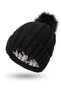 Women's loose warm knit pom-pom hat dark gray satin lined 60.9cm.