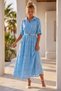 Italian Light Blue Shirt Collar 3/4 Sleeve Lined Belted Casual Scalloped Long Woven Dress 130 58 - 6