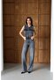 Women's Anthracite Sleeveless Shirt Collar Belted Pocketed Long Leg Denim Jumpsuit - 3
