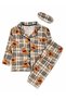 Girl's Cotton Suede Fabric Beige Teddy Bear Plaid Pattern Buttoned Shirt Collar Winter Pajamas with Sleep Band Black Piping - 2