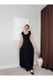Women's Black Heart Neckline Floral Shoulder Detail Draped Long Maxi Evening Dress