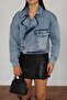 Women's Blue Crop Denim Jacket with Stone Accessories, Double-Breasted Collar and Belt Buckle - 4