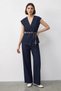 Women's Double Breasted Collar Satin Belted Vest Loose Trousers Bottom Top Denim Navy Blue Suit - 5