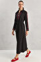 Women's Zippered Flowy Long Black Dress with Belt - 3