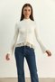 Women's Lace Detailed Half Turtleneck Buttoned Ribbed Knitwear Ecru Cardigan - 4